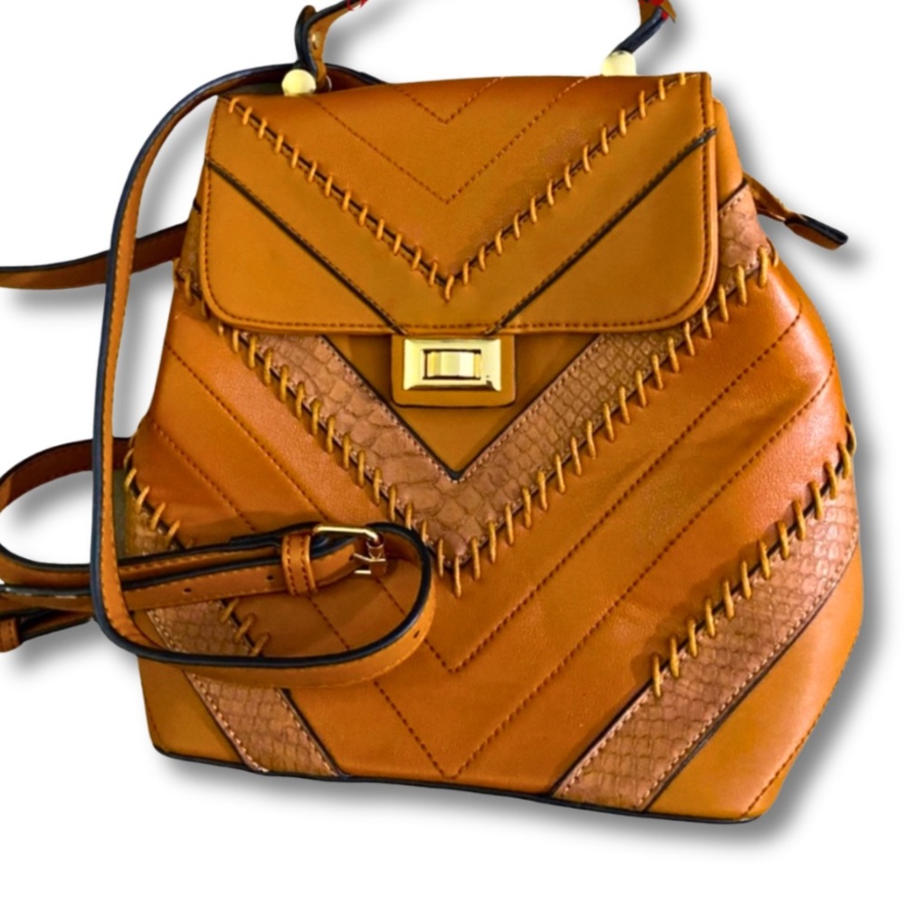 ISABELLE VEGAN LEATHER BACKPACK NEW Brown Chevron Design Dark Academia Bag